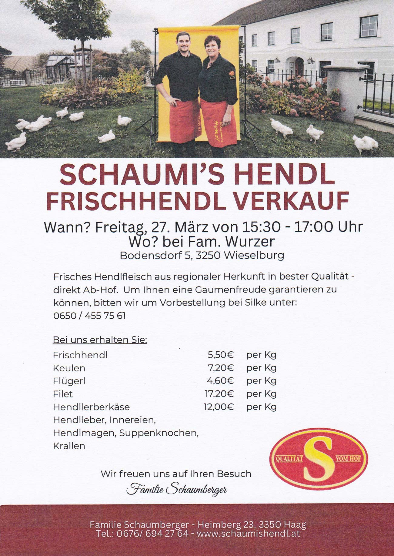 Schaumi's Schaumberger Frischhendl Verkauf Abholstelle Wieselburg Wurzers Hofladen Genuss- und Erlebnishof